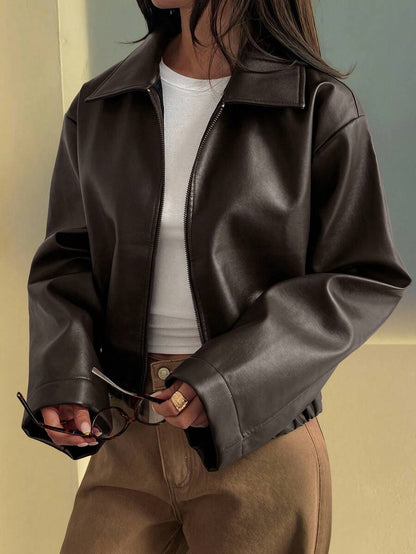 Oversized Faux Leather Jacket – Women – Casual Autumn Winter Coat