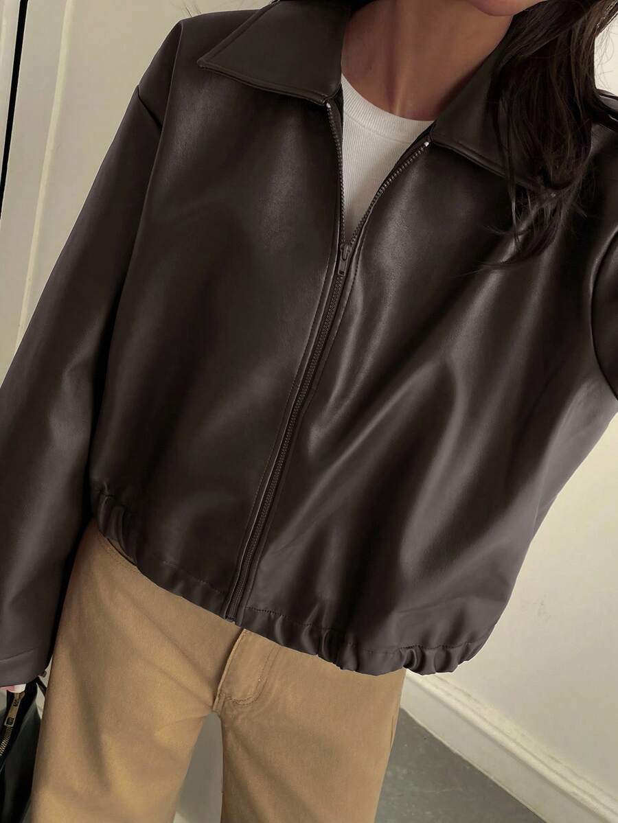 Oversized Faux Leather Jacket – Women – Casual Autumn Winter Coat