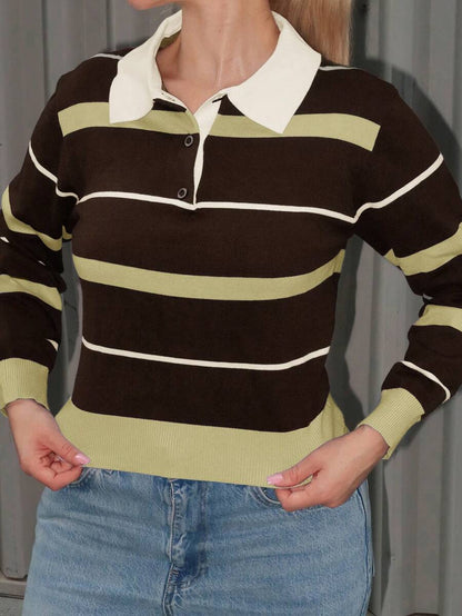 Women Striped Polo Knit Sweater – Slim Fit Pullover – Contrast Long Sleeve