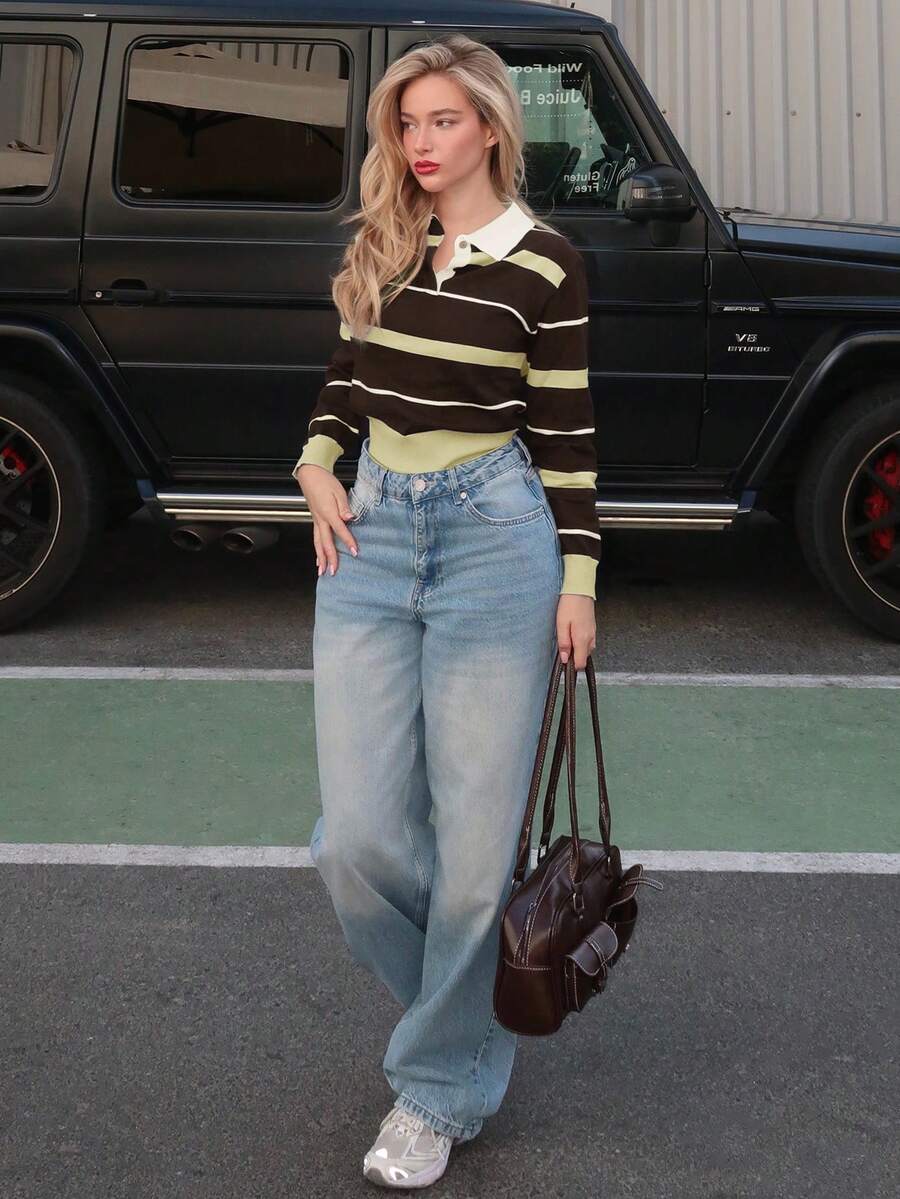 Women Striped Polo Knit Sweater – Slim Fit Pullover – Contrast Long Sleeve
