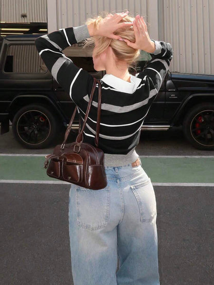 Women Striped Polo Knit Sweater – Slim Fit Pullover – Contrast Long Sleeve