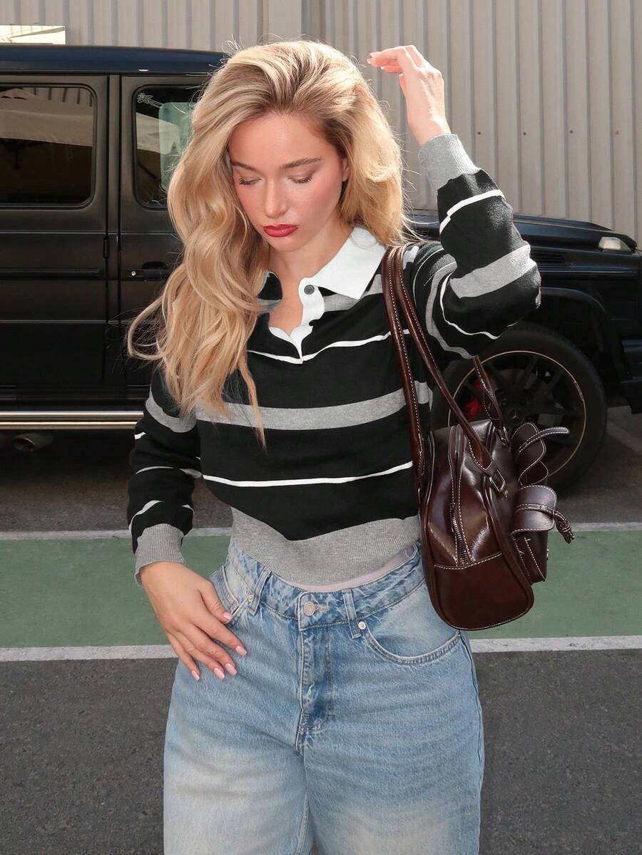 Women Striped Polo Knit Sweater – Slim Fit Pullover – Contrast Long Sleeve