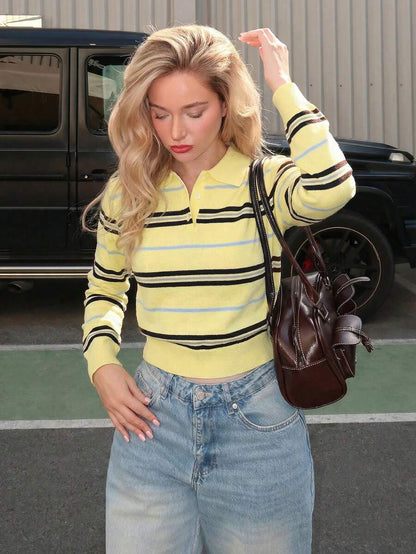 Women Striped Polo Knit Sweater – Slim Fit Pullover – Contrast Long Sleeve