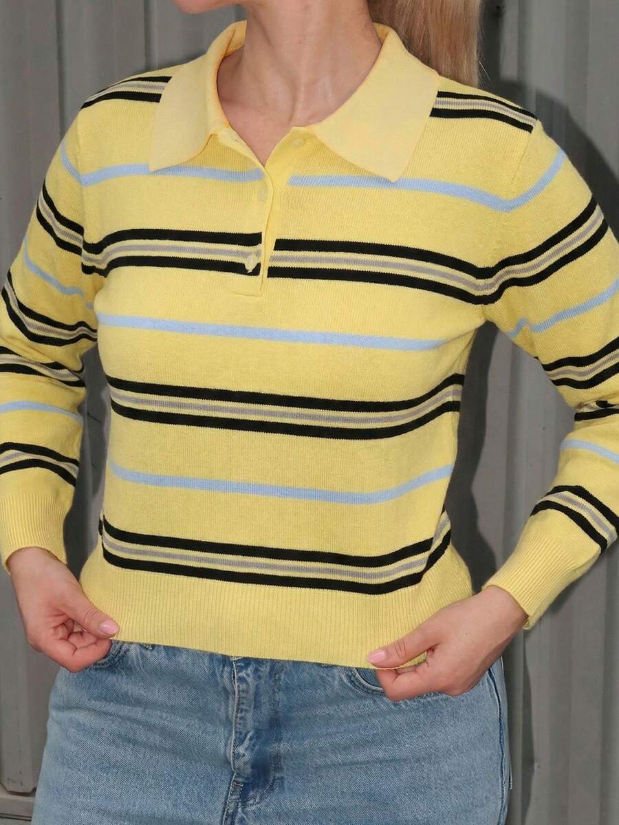 Women Striped Polo Knit Sweater – Slim Fit Pullover – Contrast Long Sleeve