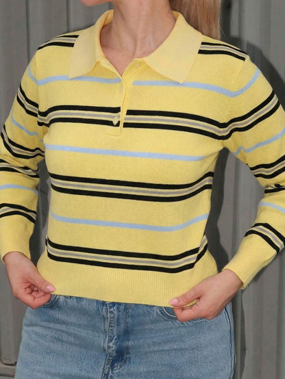 Women Striped Polo Knit Sweater – Slim Fit Pullover – Contrast Long Sleeve