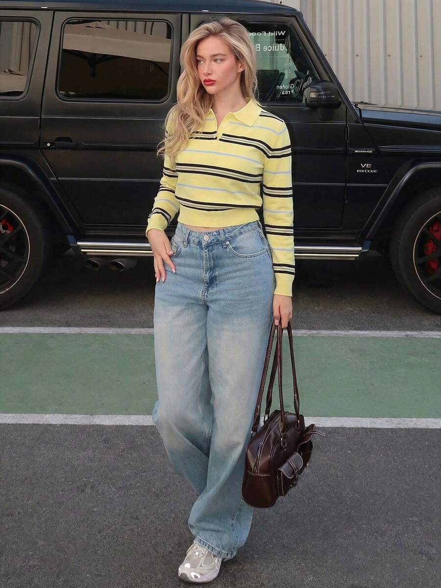Women Striped Polo Knit Sweater – Slim Fit Pullover – Contrast Long Sleeve