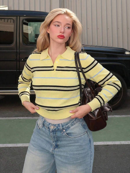 Women Striped Polo Knit Sweater – Slim Fit Pullover – Contrast Long Sleeve