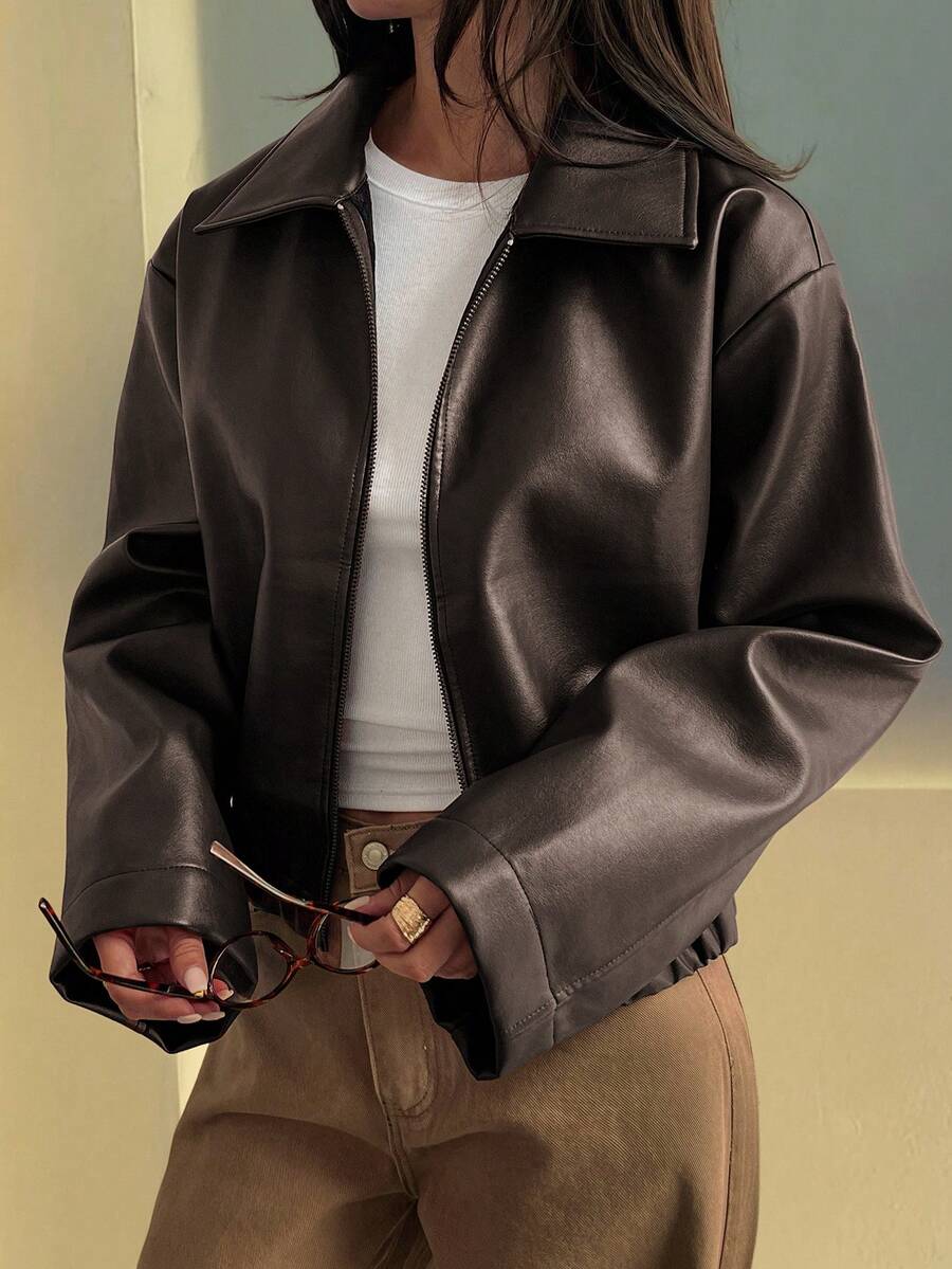 Oversized Faux Leather Jacket – Women – Casual Autumn Winter Coat