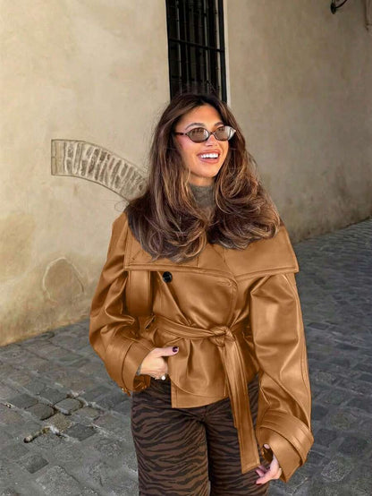 Women Vintage PU Leather Jacket – Retro – Relaxed Fit Zip Up Coat