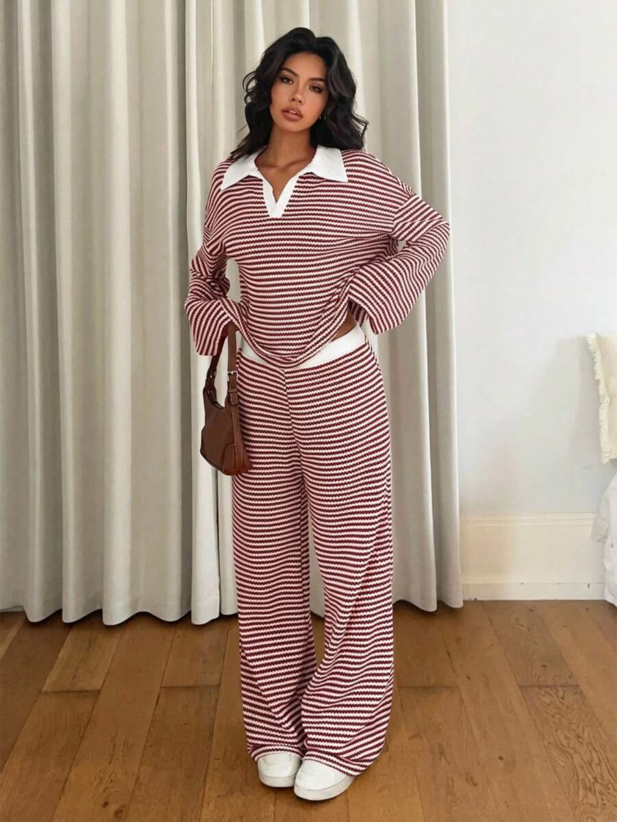 Striped Oversized Lounge Set – V-neck – 2 Piece Knit Outfit