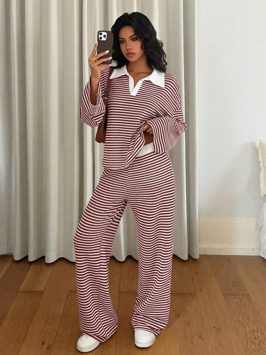 Striped Oversized Lounge Set – V-neck – 2 Piece Knit Outfit