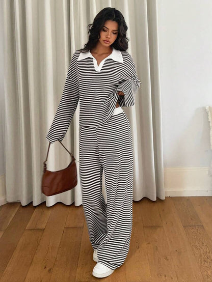 Striped Oversized Lounge Set – V-neck – 2 Piece Knit Outfit