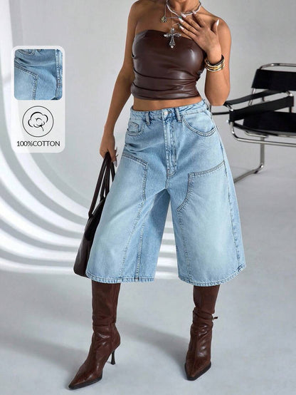Women High Waist Denim Bermuda Shorts – 100% Cotton – Relaxed Fit Jorts