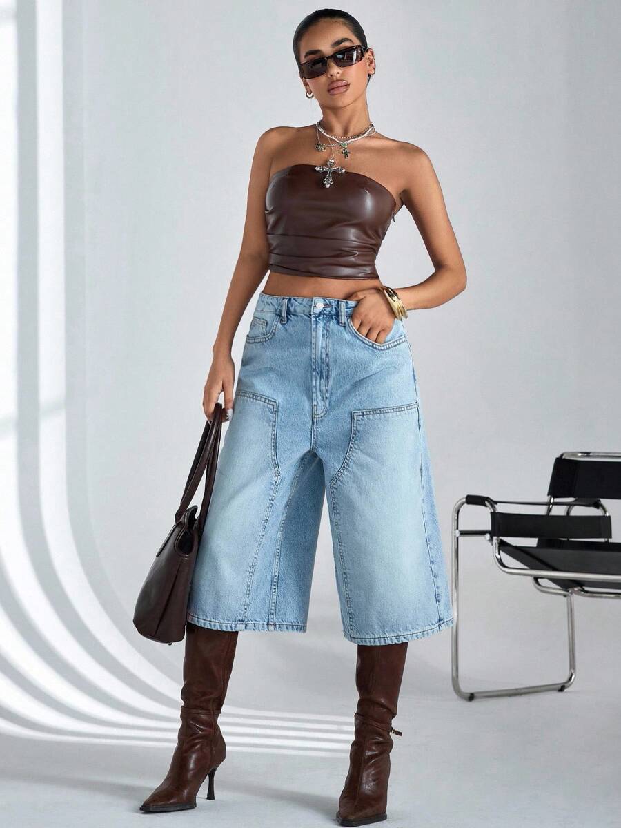 Women High Waist Denim Bermuda Shorts – 100% Cotton – Relaxed Fit Jorts