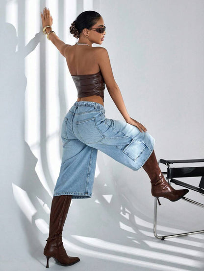 Women High Waist Denim Bermuda Shorts – 100% Cotton – Relaxed Fit Jorts