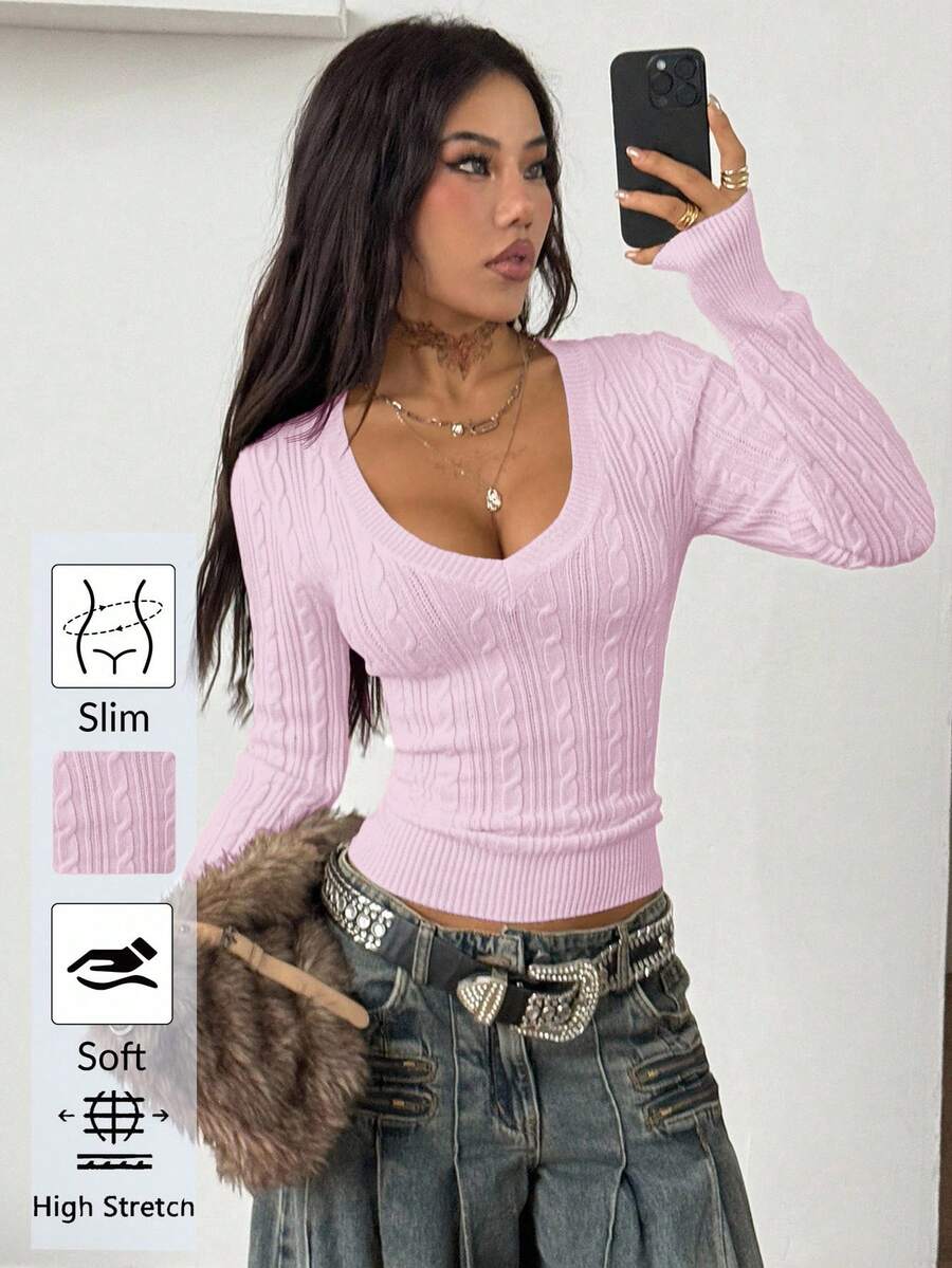 Vintage Ribbed Scoop Neck Sweater – Autumn / Winter – Y2K Knit Pullover