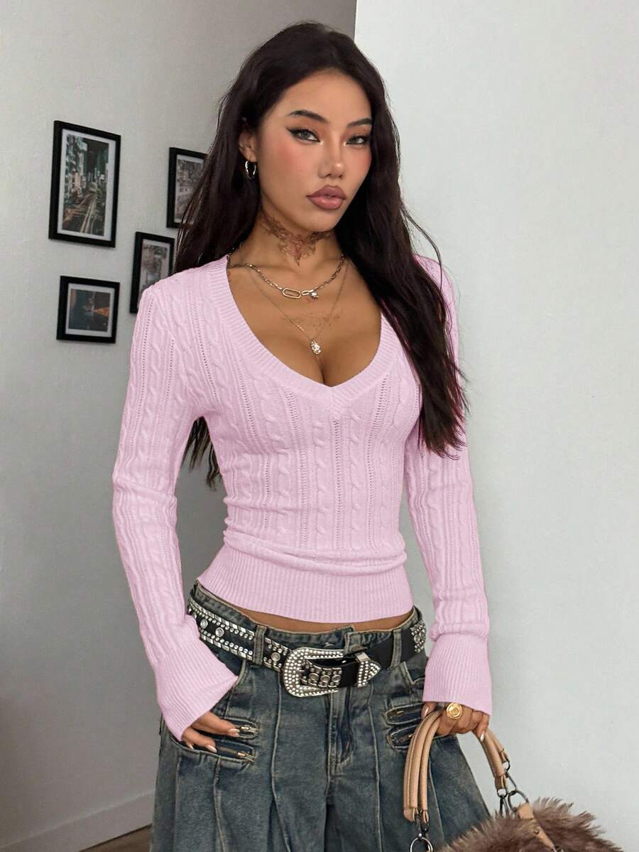 Vintage Ribbed Scoop Neck Sweater – Autumn / Winter – Y2K Knit Pullover