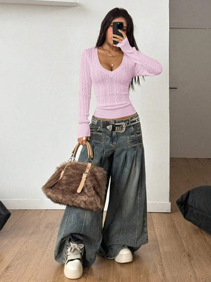 Vintage Ribbed Scoop Neck Sweater – Autumn / Winter – Y2K Knit Pullover