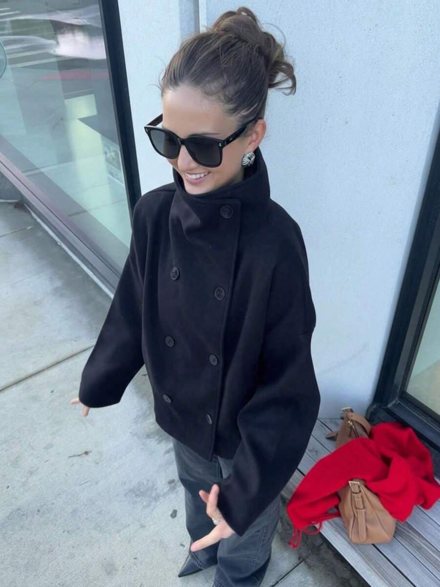 Women Double Breasted Coat Black – Funnel Neck Oversized Jacket – Casual Winter Style