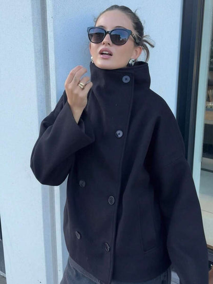 Women Double Breasted Coat Black – Funnel Neck Oversized Jacket – Casual Winter Style