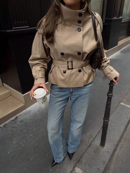 Women Khaki Trench Coat – Double Breasted Belted Jacket – Loose Fit With Pockets