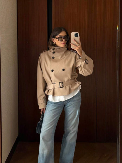 Women Khaki Trench Coat – Double Breasted Belted Jacket – Loose Fit With Pockets