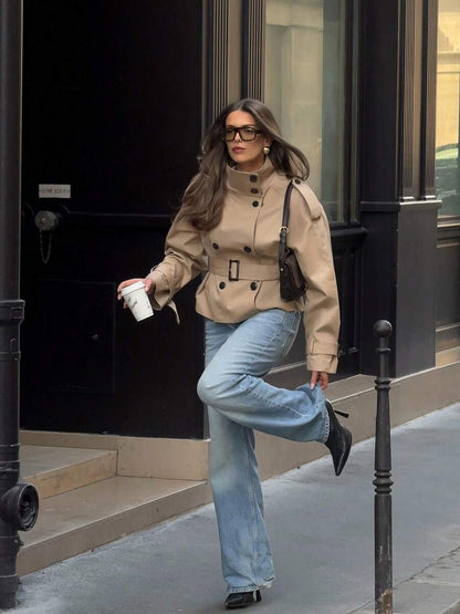 Women Khaki Trench Coat – Double Breasted Belted Jacket – Loose Fit With Pockets