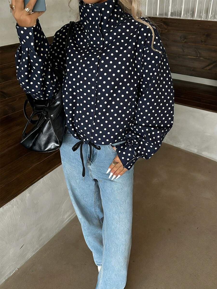 Women Polka Dot Bomber Jacket – White Cropped Jacket – Oversized Casual Fit