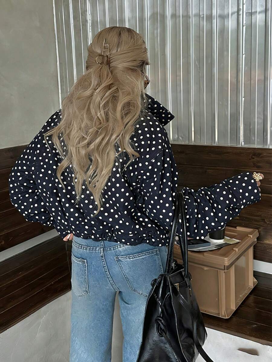 Women Polka Dot Bomber Jacket – White Cropped Jacket – Oversized Casual Fit