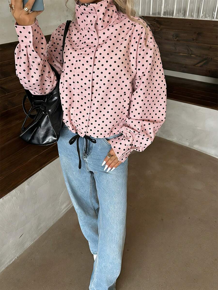 Women Polka Dot Bomber Jacket – White Cropped Jacket – Oversized Casual Fit