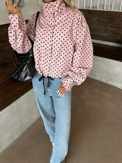 Women Polka Dot Bomber Jacket – White Cropped Jacket – Oversized Casual Fit