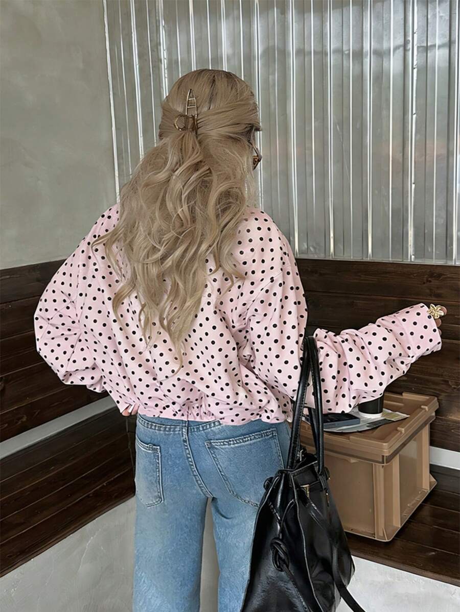 Women Polka Dot Bomber Jacket – White Cropped Jacket – Oversized Casual Fit