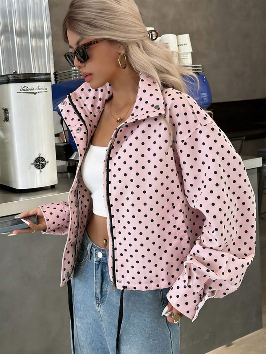 Women Polka Dot Bomber Jacket – White Cropped Jacket – Oversized Casual Fit