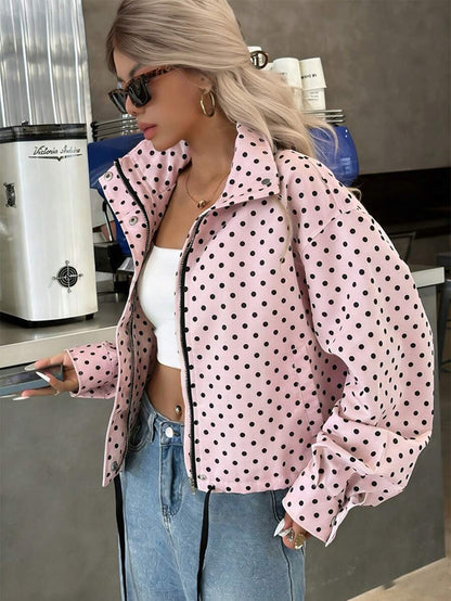 Women Polka Dot Bomber Jacket – White Cropped Jacket – Oversized Casual Fit
