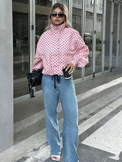 Women Polka Dot Bomber Jacket – White Cropped Jacket – Oversized Casual Fit