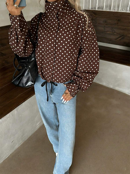 Women Polka Dot Bomber Jacket – White Cropped Jacket – Oversized Casual Fit