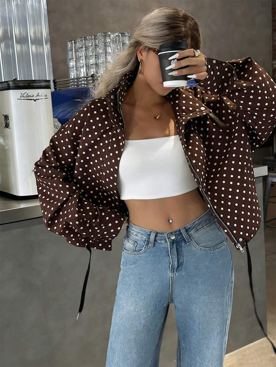 Women Polka Dot Bomber Jacket – White Cropped Jacket – Oversized Casual Fit
