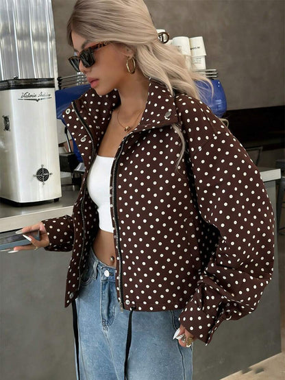Women Polka Dot Bomber Jacket – White Cropped Jacket – Oversized Casual Fit