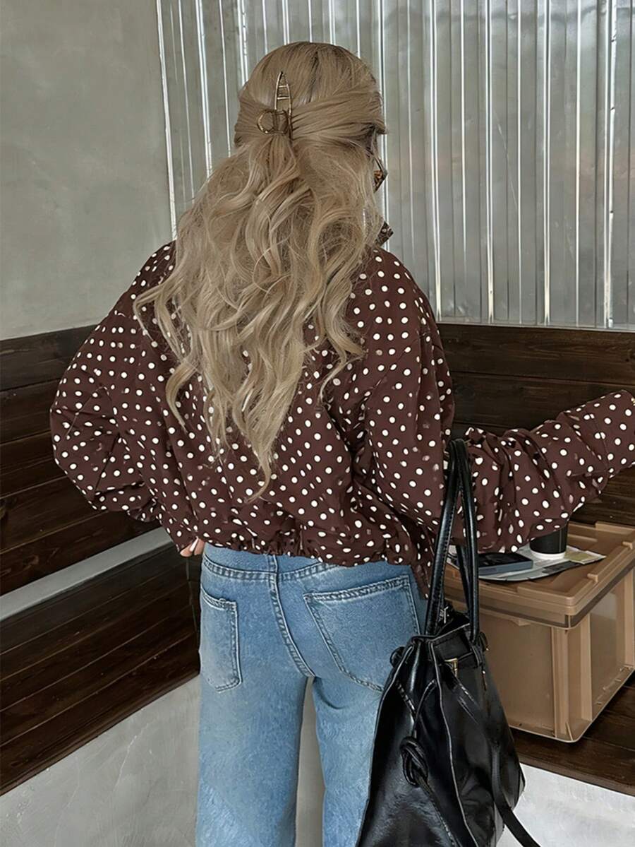 Women Polka Dot Bomber Jacket – White Cropped Jacket – Oversized Casual Fit