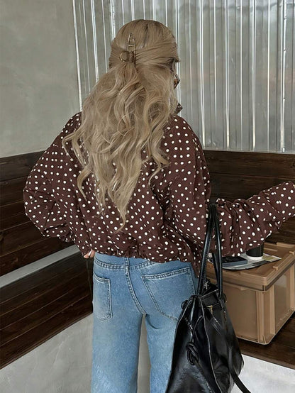 Women Polka Dot Bomber Jacket – White Cropped Jacket – Oversized Casual Fit