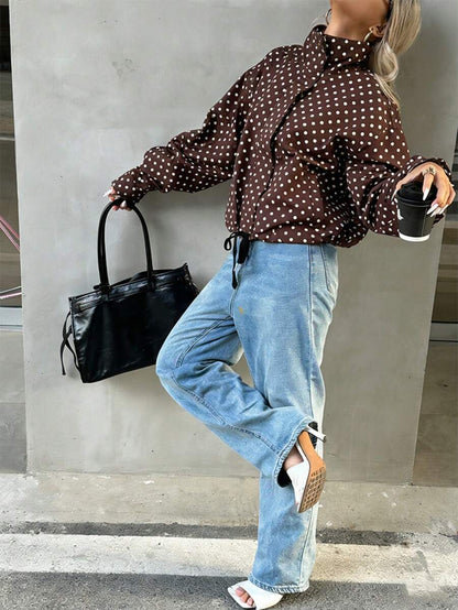 Women Polka Dot Bomber Jacket – White Cropped Jacket – Oversized Casual Fit
