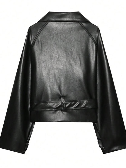 Women Vintage PU Leather Jacket – Retro – Relaxed Fit Zip Up Coat