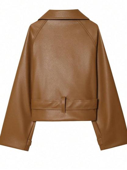 Women Vintage PU Leather Jacket – Retro – Relaxed Fit Zip Up Coat