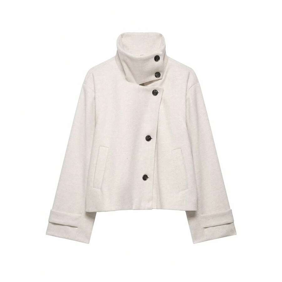 Women Short Jacket Khaki – Minimalist Button Coat – Casual Structured Fit