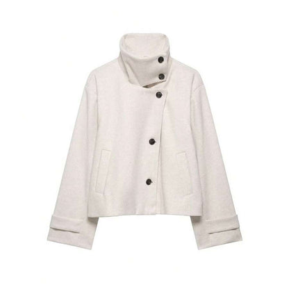 Women Short Jacket Khaki – Minimalist Button Coat – Casual Structured Fit