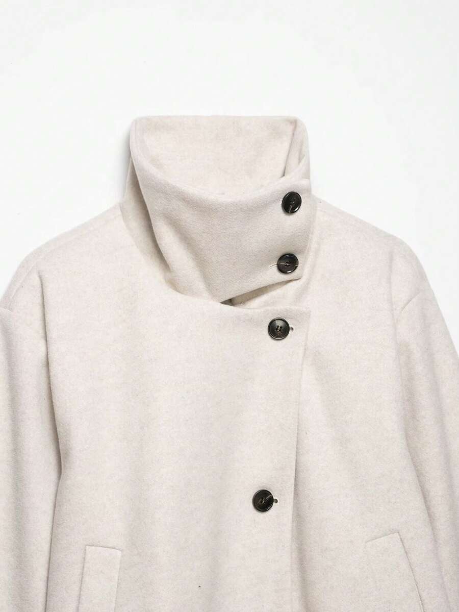 Women Short Jacket Khaki – Minimalist Button Coat – Casual Structured Fit