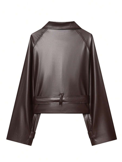 Women Vintage PU Leather Jacket – Retro – Relaxed Fit Zip Up Coat