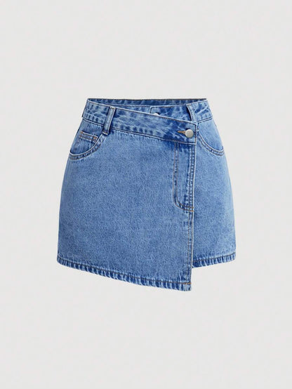 Women Denim Skort Plus Size – High Waist Asymmetric Shorts Skirt With Pockets