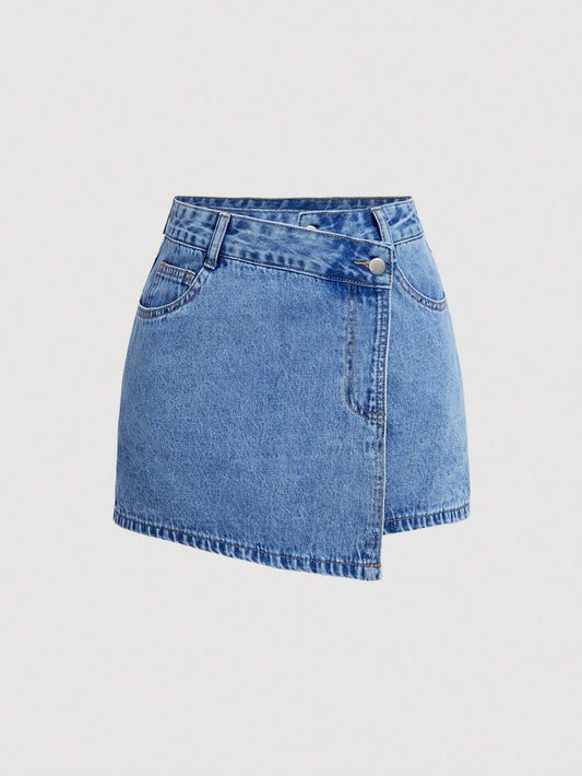 Women Denim Skort Plus Size – High Waist Asymmetric Shorts Skirt With Pockets