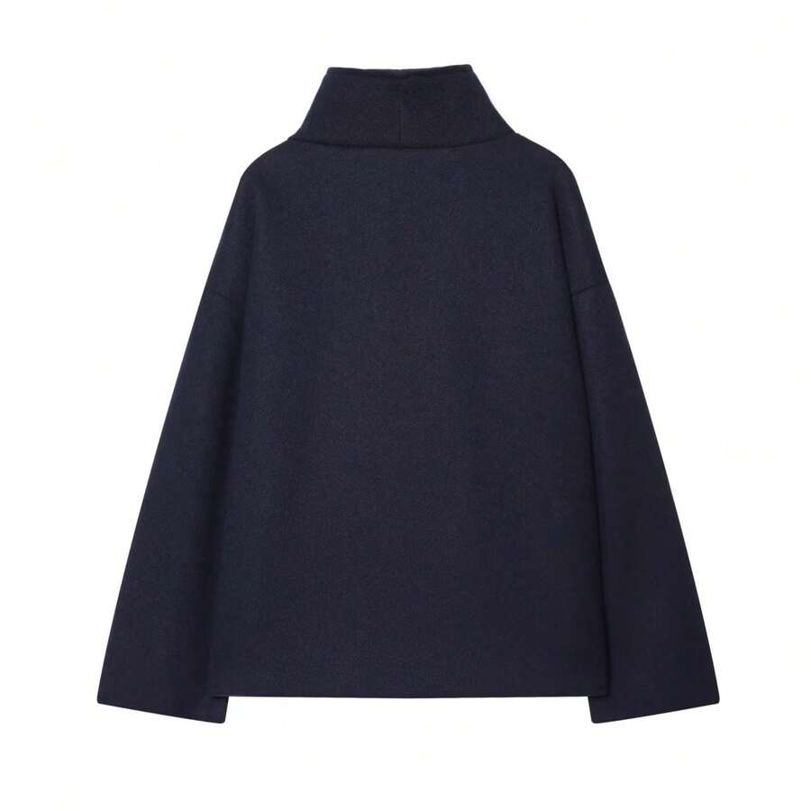 Women Double Breasted Coat Black – Funnel Neck Oversized Jacket – Casual Winter Style